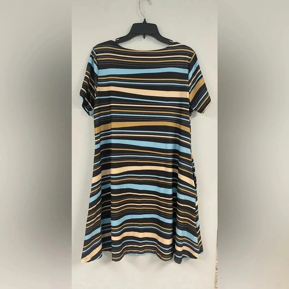 Yelete Stripped Short Sleeved Casual Midi Dress Pockets Crew Neck Flare Size XL - Picture 4 of 6